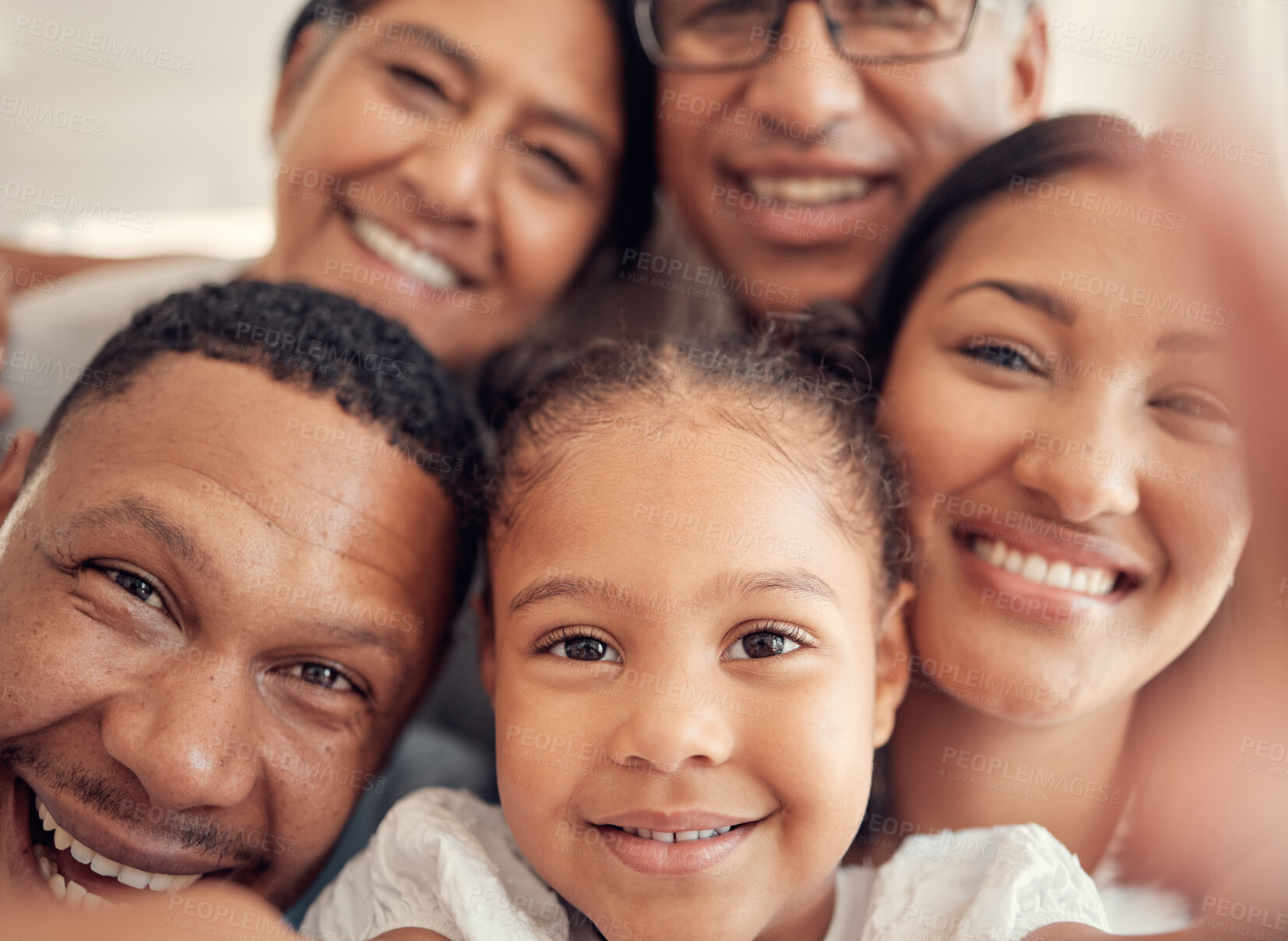 Buy stock photo Happy family, portrait and smile for home selfie together relaxing, bonding or enjoying holiday break indoors. Mother, father and grandparents with child smiling for photo love, care or family time