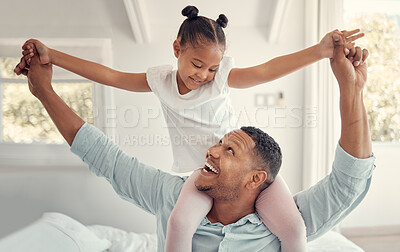 Buy stock photo Dad piggy back girl in family home having fun, quality time and relax together in house. Happy father carrying excited kid on shoulders in bedroom for freedom, happiness and playful weekend to enjoy 