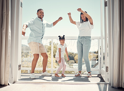 Buy stock photo Family, dance and fun outside on house balcony for bonding, quality time and comic, joyful time. Comedy, funny and dancing, playful or silly mother and father dancer with their daughter 