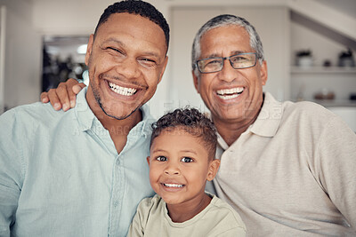 Buy stock photo Father, grandfather and boy in family portrait at house or Brazilian home living room in trust, love and support. Smile, happy child and kid bonding with dad, parent or retirement elderly grandparent