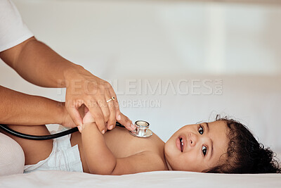 Buy stock photo Medical, consulting and stethoscope with baby on bed for healthcare, cardiology and pediatrician exam. Help, medicine and check with hands of doctor and heartbeat of child for growth, lungs or breath