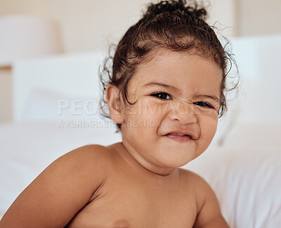 Buy stock photo Baby, face and relax in bedroom for skincare morning routine in family home, Portrait of young infant child, happy healthcare toddler and happiness smile for facial care wellness in bed at home