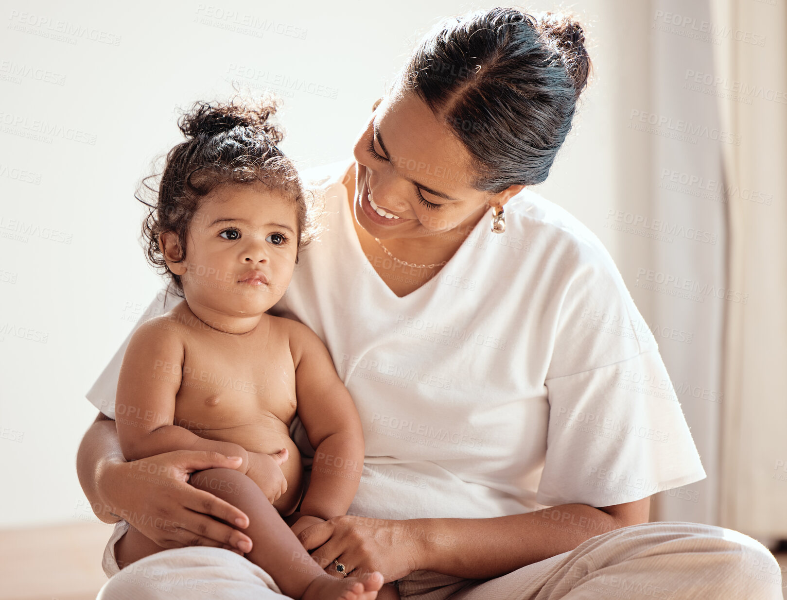 Buy stock photo Care, love and mother with a baby with support, trust and peace together in their house. Happy, smile and girl child with mom to relax in happiness and calm in the morning in their family home