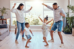 Family, dance and house for freedom and carefree fun bonding while being playful, silly and goofy. Playing, mother and father dancer and dancing with children, brother and sister in family home