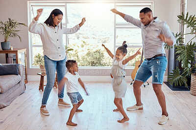 Buy stock photo Family, dance and house for freedom and carefree fun bonding while being playful, silly and goofy. Playing, mother and father dancer and dancing with children, brother and sister in family home