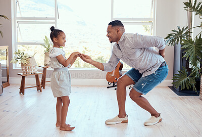 Buy stock photo Dad, daughter and dance in home together on floor with love, bonding and care with smile in happy family. Black family, dancer father and girl child in living room for dancing, movement and happiness