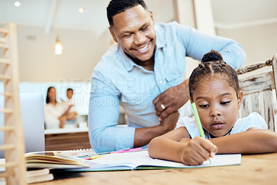 Buy stock photo Child, father and support while doing homework, learning and doing school work in book for knowledge, education and bonding at home. Man helping girl with studying, focus and development at table