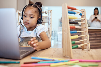 Buy stock photo Girl, laptop and learning in home for education, development or study in home with toys, pen or tech. Child, computer and digital home school with video conference, video call or elearning classroom