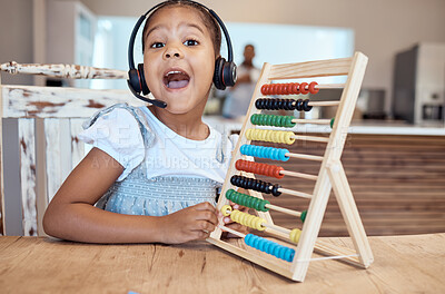 Buy stock photo Headphones, abacus and girl learning in home in video call, online class or distance learning. Portrait, education or child with headset and wood calculator tool for studying math in webinar at house
