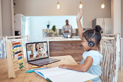 Buy stock photo Homeschool, laptop and teacher with kid, for education and teaching in home. Virtual class, educator and female pupil raise hand with digital device, for lesson and elearning subjects in living room.