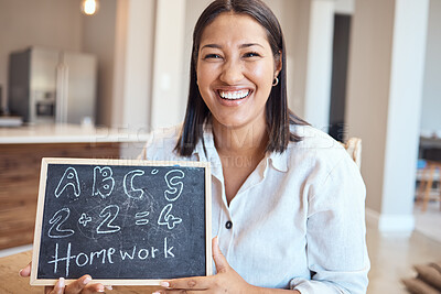 Buy stock photo Teacher, blackboard and black woman for homeschool, with smile and relax. Portrait, female educator and happy  with chalk on board for teaching, education or homework for training, happiness and draw
