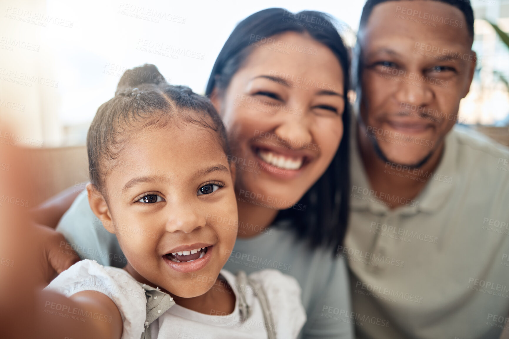 Buy stock photo Mother, father and child take a selfie as a happy family relaxing on a peaceful and calm weekend together. Portrait, mom and dad enjoy bonding and taking pictures with a young girl or child at home