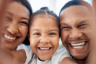 Buy stock photo Face, selfie smile and black family in home, bonding and having fun. Love, care and girl, father and mother taking picture for happy memory, social media or online post while enjoying time together.