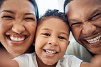 Selfie, face smile and black family in home bonding, taking photo and enjoying time together. Portrait, love and picture of girl, father and mother for happy memory, social media or online post.

