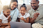 Black family, laptop and sofa for movie, popcorn and streaming on internet in home living room together. Happy family, computer and comedy movies on web, app or screen with happy smile in family home