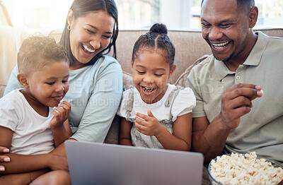 Buy stock photo Black family, laptop and sofa for movie, popcorn and streaming on internet in home living room together. Happy family, computer and comedy movies on web, app or screen with happy smile in family home