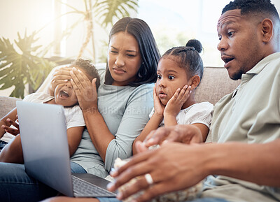 Buy stock photo Scary, movie and family cover eyes of children for inappropriate content on laptop screen. Censorship control, entertainment and mom and dad with kids watching horror or shocking film online on sofa