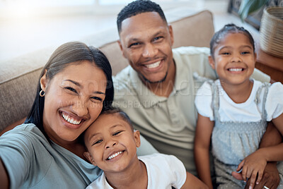 Buy stock photo Happy family, selfie and portrait in living room sofa for love, care or relax in family home. Smile parents, excited children and taking photos for memory, fun or happiness together in easy lifestyle