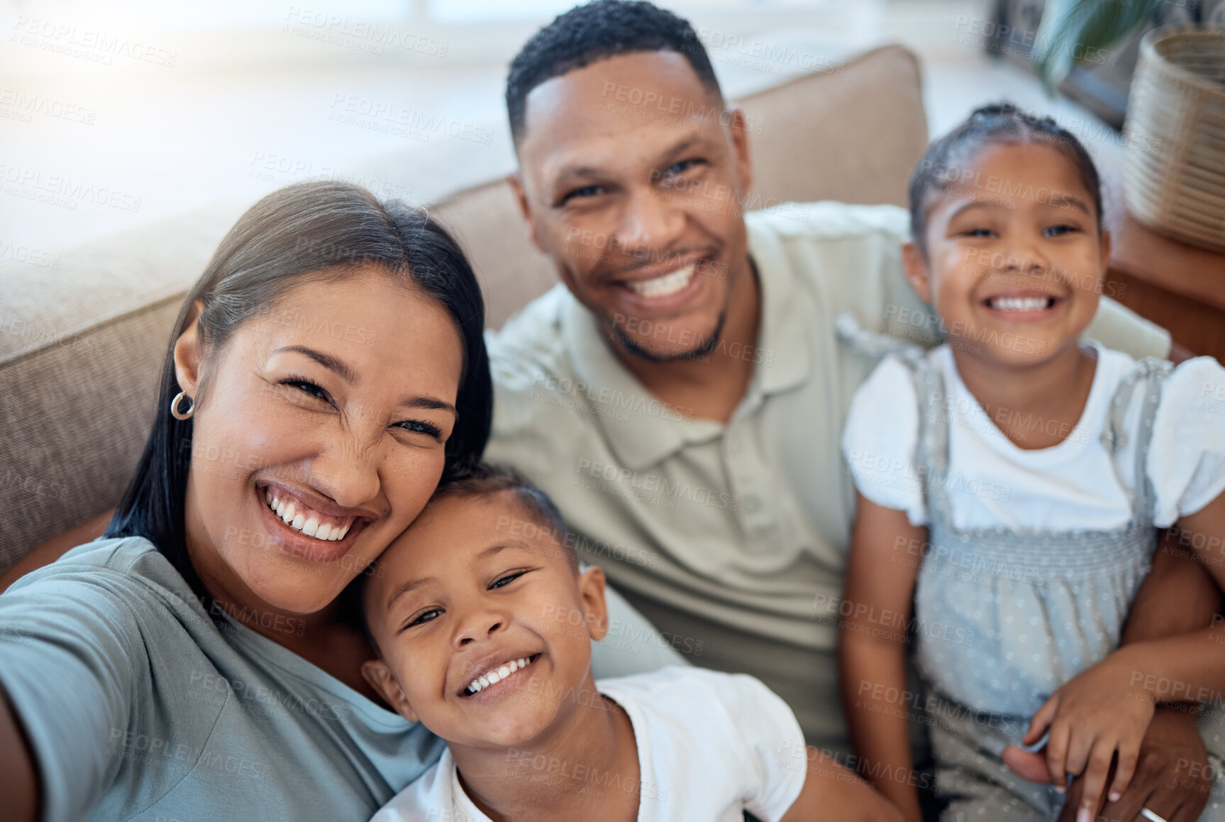 Buy stock photo Happy family, selfie and portrait in living room sofa for love, care or relax in family home. Smile parents, excited children and taking photos for memory, fun or happiness together in easy lifestyle