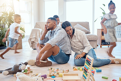Buy stock photo Tired parents, children playing in living room and running in with adhd energy, burnout parents and happy kids run for crazy fun. Child development, growing up and play in lounge family home together