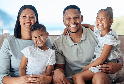 Buy stock photo Family, smile and parents with children in portrait, happiness and together in family home. Happy family, bonding and love with care, mother and father relax with kids and spending quality time.