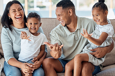 Buy stock photo Happy family, children or laughing and bonding on sofa in house or home living room in fun game, playful activity or spiderman hands gesture. Smile, love or comic mother, father or parents with kids 