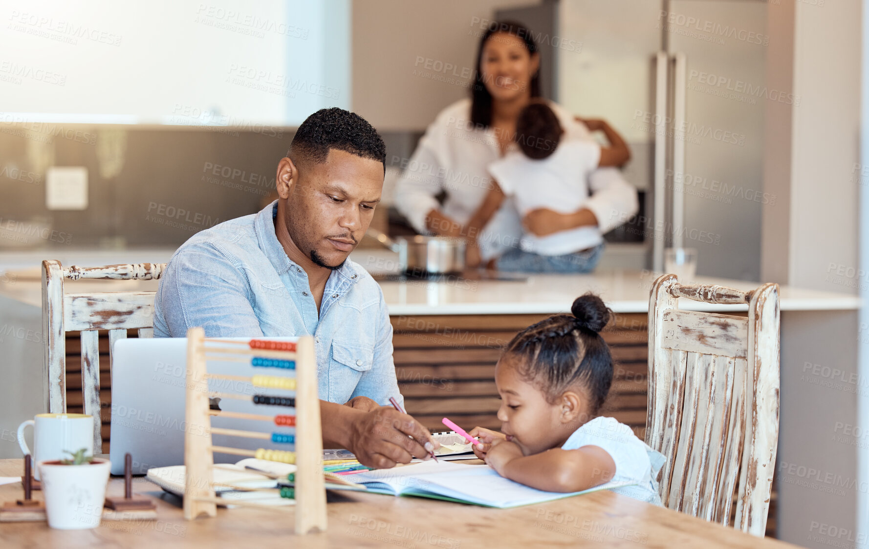 Buy stock photo Home education, girl and dad doing math homework, counting exercise and learning numbers on living room table together. Maths homework, child with abacus and help writing in school book for learning 