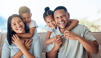 Buy stock photo Family, hug and love, parents and children in happy portrait with relationship, care fun with kids at home. Happy family, smile and bonding, happiness and spending quality time together with hugging.