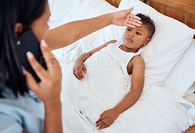 Buy stock photo Phone call, healthcare and mother with child in bedroom check for fever for virus, first aid and care. Worry, medical and sick with mom hand on kid forehead in family home for flu, illness or disease