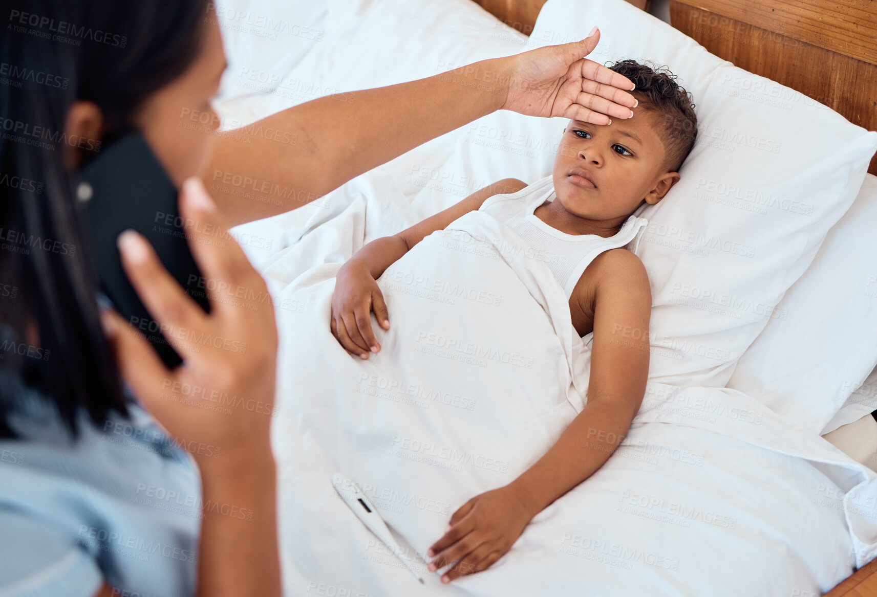 Buy stock photo Phone call, healthcare and mother with child in bedroom check for fever for virus, first aid and care. Worry, medical and sick with mom hand on kid forehead in family home for flu, illness or disease