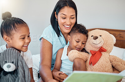 Buy stock photo Relax, storytelling and book with mother and children for learning, fantasy or creative in family home. Happy, bonding and smile with mom reading to kids in bedroom to study, education and teddy bear