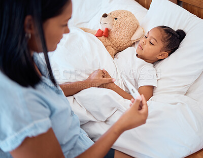 Buy stock photo Sick, thermometer and mother helping child in bed healthcare, virus check and monitor progress or healing development. Sad girl sleeping and mom nursing kid with test results or home health problem
