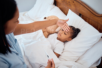 Buy stock photo Thermometer, fever and mom with sick girl lying in bed, touching forehead to feel body temperature. Family, healthcare and mother with young child in bedroom with cold, flu and covid symptoms at home