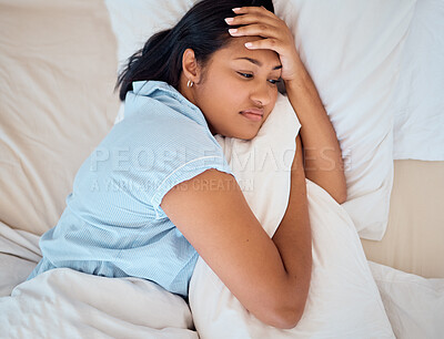 Buy stock photo Depression, sleeping and woman in bed with mental health problem, burnout and tired student thinking of life challenge and wellness. Sad, depressed or fatigue girl with pillow in her bedroom above