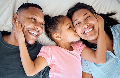 Buy stock photo Happy family, kid kiss and bed with a girl, mother and father with a smile, love and parent care. Happiness, hug and black family in a bedroom lying relax together in a morning with a child at home 