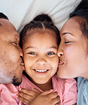 Parents kiss, daughter and smile portrait of a black family together with love, bonding and care. Home, happiness and youth of a kid, mother and father cheek kissing a face on a home bedroom bed 
