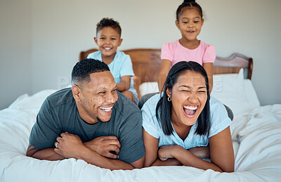 Buy stock photo Happy, relax and smile with family in bedroom for funny, bonding and wake up in the morning. Weekend, excited and affection with parents and children playing at home for quality time, care and rest