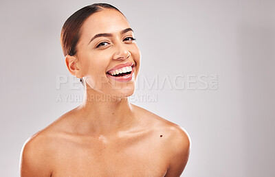 Buy stock photo Beauty, skin and skincare with woman in cosmetic portrait, smile and healthy teeth, clean and glow against studio background. Natural cosmetics, fresh and facial with treatment and wellness mockup. 