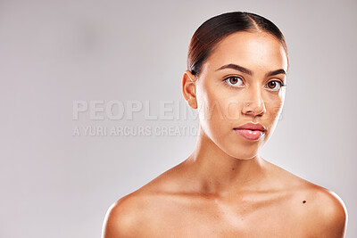 Buy stock photo Beauty, skincare and health with portrait of woman and mockup for spa, cosmetics and product. Wellness, health and makeup with face of girl model for luxury, dermatology and glow in gray background