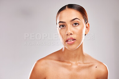 Buy stock photo Woman, face glow and skincare on studio background in healthcare body wellness, dermatology cosmetology or self care. Portrait, beauty model and facial makeup cosmetics on mockup or mock up backdrop