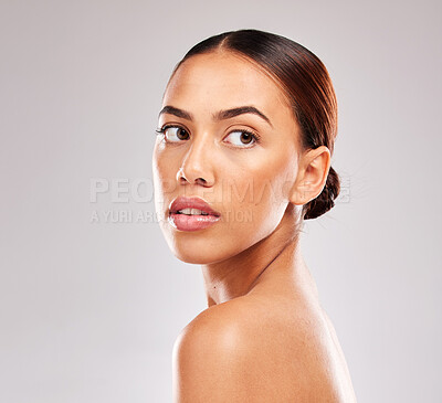 Buy stock photo Skincare, beauty or model black woman in studio for health skin product, makeup or cosmetics wellness portrait. Face, spa or girl with skin healthcare, dermatology or luxury facial product 

