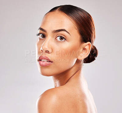 Buy stock photo Skincare, beauty and portrait of woman in studio for wellness, healthy body and luxury. Body care, spa and face of young Latin woman for cosmetics, makeup and beauty products on gray background