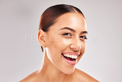 Buy stock photo Black woman, smile and face portrait for beauty, health and cosmetic skin in studio for wellness. Woman, healthy skincare and makeup for model with happy radiant glow facial by cosmetics background