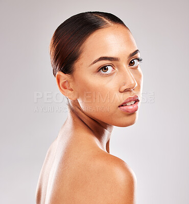 Buy stock photo Skincare, beauty and portrait of Latin woman in studio on white background for body care. Wellness, healthy skin and face of young female model for makeup, dermatology and cosmetic beauty products