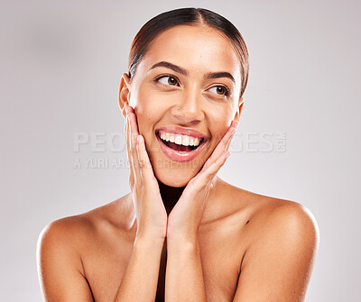 Buy stock photo Skincare, beauty and black woman facial glow in studio mockup for natural makeup wellness, healthy shine and youth cosmetics. Girl model happy with face skin care, self love and dermatology results