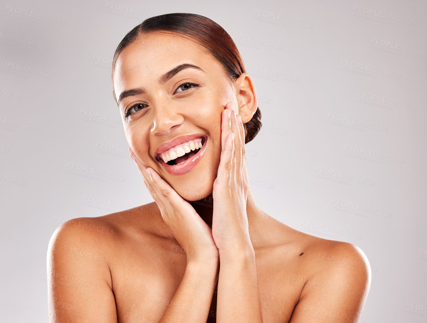 Buy stock photo Beauty, skincare and wellness of a black woman portrait with happiness and healthy skin. Glow, face health shine and healthy cosmetics of a woman smile after clean, natural and organic treatment