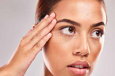 Buy stock photo Black woman model, nose ring or skincare face for facial beauty, wellness or natural cosmetic makeup in studio. Healthy skin, luxury health or young girl for healthcare cosmetics product or spa