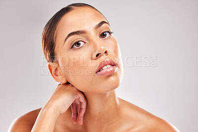 Buy stock photo Black woman, face and makeup portrait for beauty, health and cosmetic skin in studio against grey backdrop. Woman, skincare and shine for model with radiant glow facial against cosmetics background