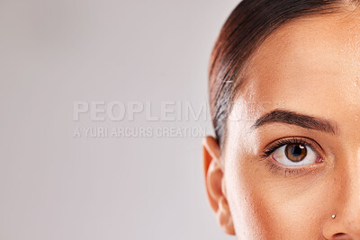 Buy stock photo Brown eye, woman and face vision in retina security, facial eyelash mascara or makeup cosmetics on skin. Zoom detail, texture or beauty model eyes with contact lenses, idea or innovation for humanity
