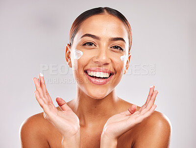 Buy stock photo Face, woman and skincare beauty portrait for facial cream makeup and cosmetics. Skin wellness, body care happiness and healthy luxury self care dermatology or sunscreen in grey background studio